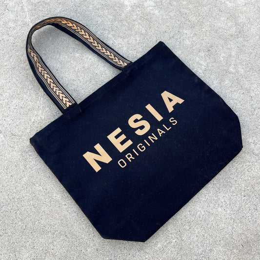 Black shoulder tote bag with Brown Nesia Originals Logo