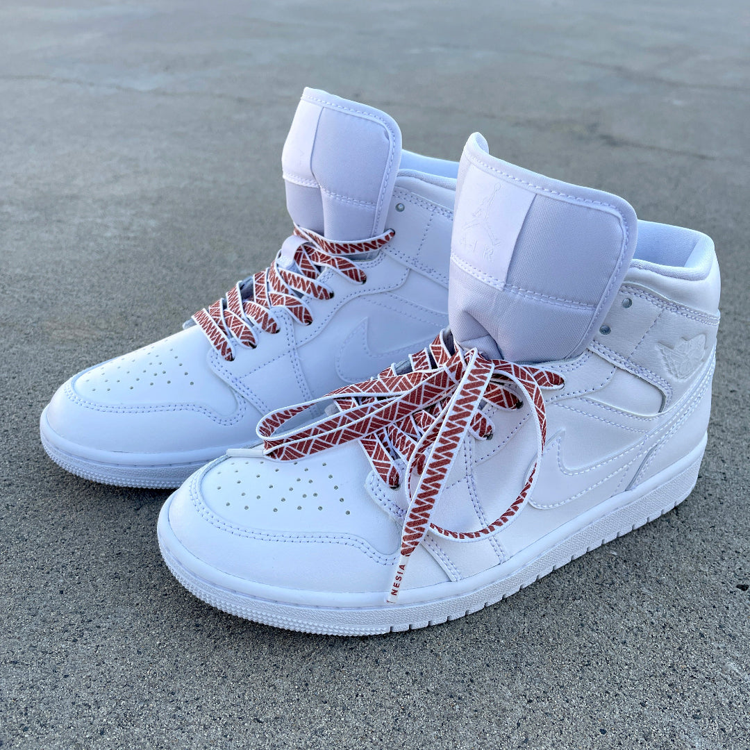 Gee Strings Nesia Original Polynesian design shoelaces in all white jordan 1's