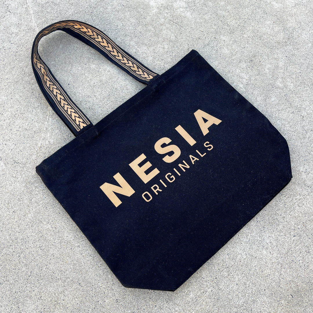 Black shoulder tote bag with Brown Nesia Originals Logo